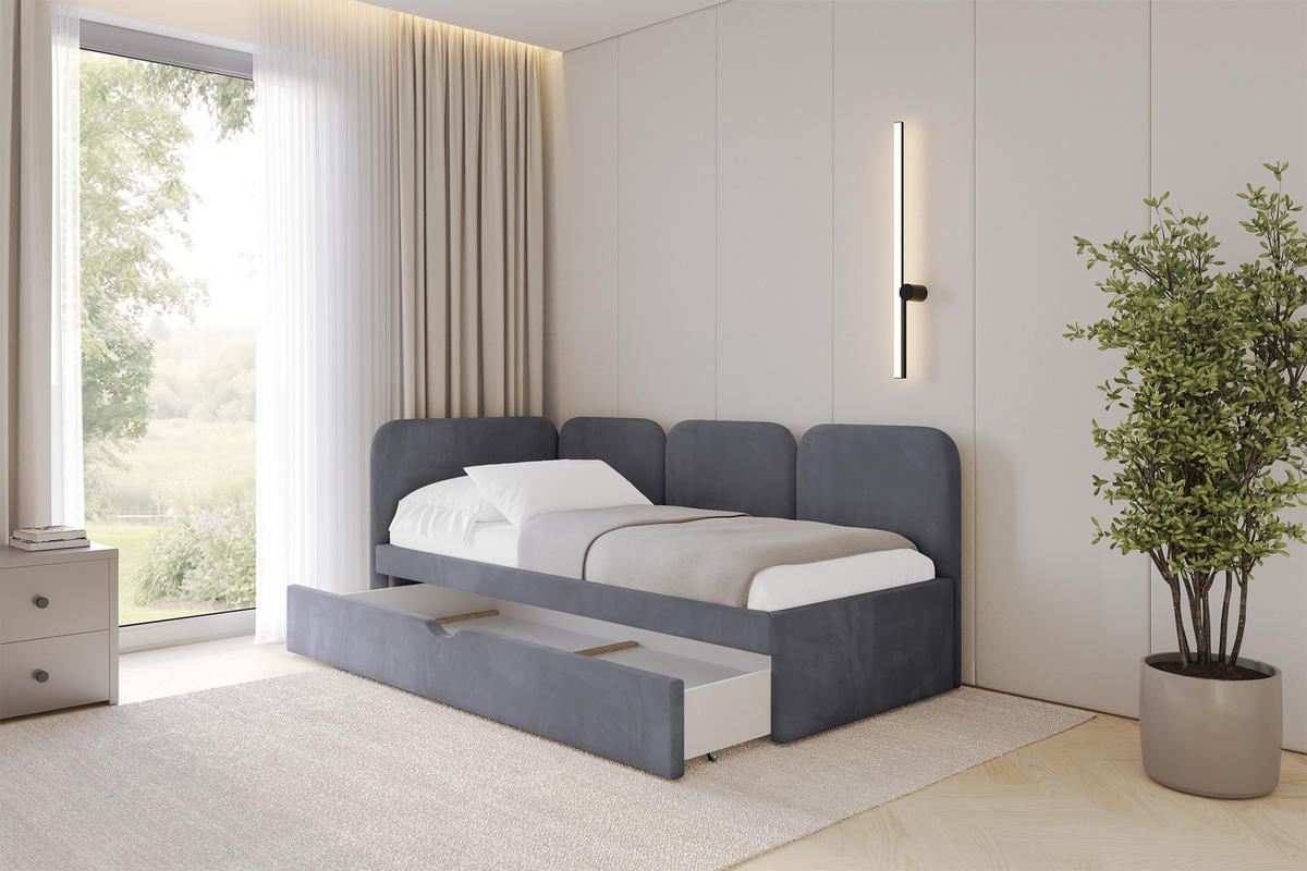 EINZELLBETT Jugendbett mit Bettkasten, Rechts - ALVY 80x200 Dunkelgrau - Dunkelgrau, Holzwerkstoff/Textil (80/200cm) - ALTDECOR