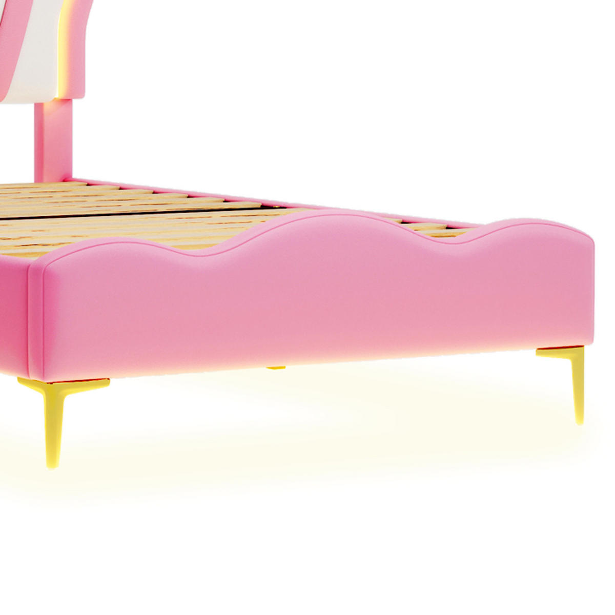 KINDERBETT Bogen-Krone mit 2-Zonen-LED & Goldbeinen 90/200 cm PU-Leder Rosa - Pink, Leder (90/200cm) - Creahappy