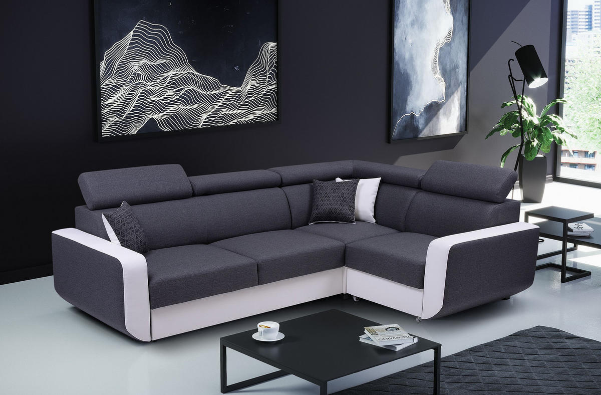 ECKSOFA MIRA Grau Geflochtener Stoff mit Schlaffunktion - Grau, Holz (263/184cm) - MASSENO