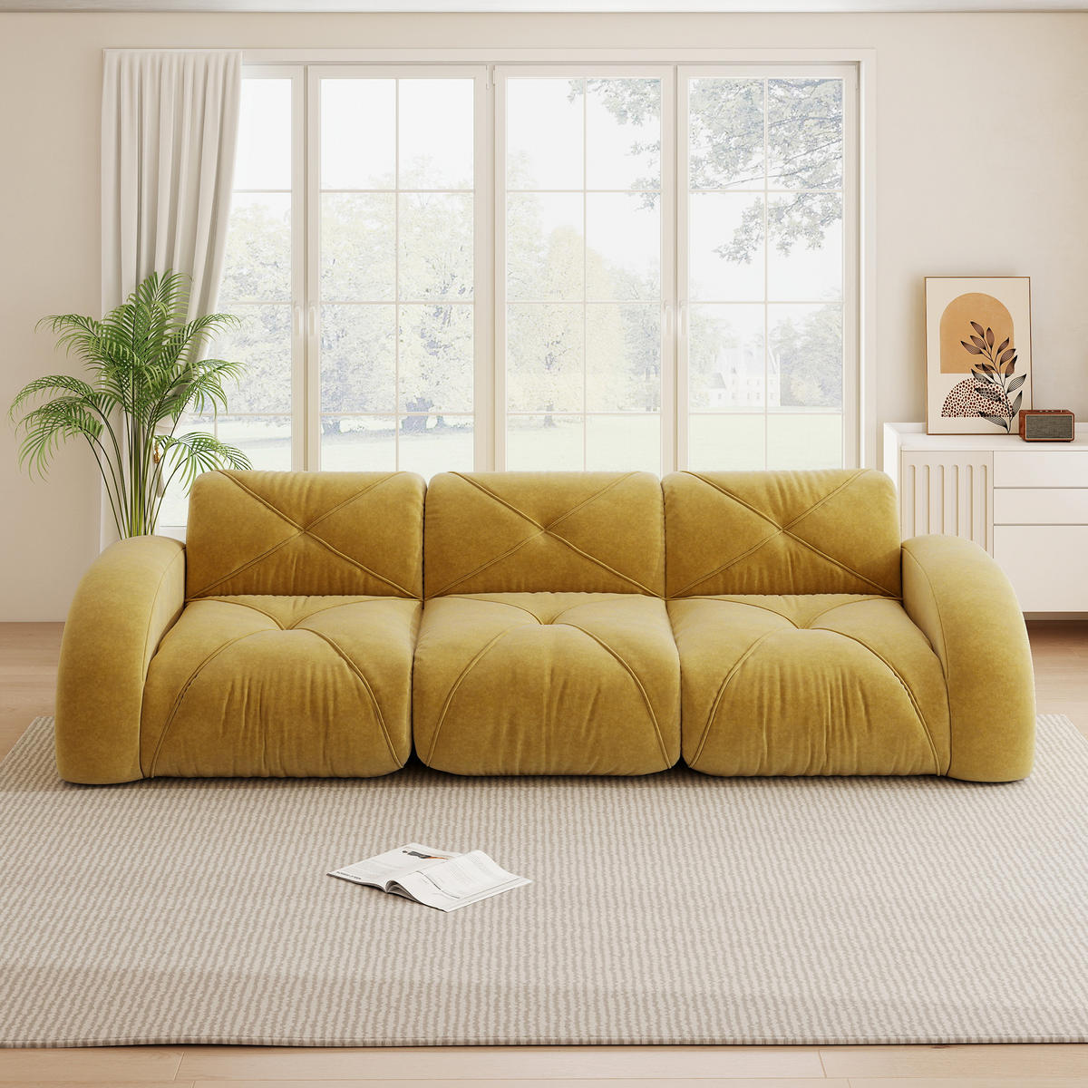 3-SITZER Sofa 281×95×76 cm Chenille rahmenlos modular, gelb - Gelb, Textil (95/76/281cm)