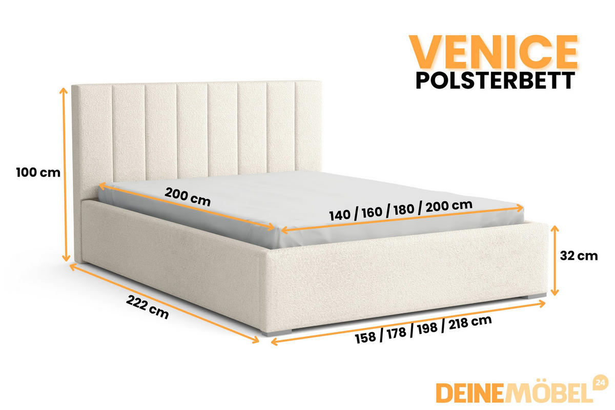 POLSTERBETT VENICE 200/200 in Boucle Ecru - Ecru, Holz/Holzwerkstoff (200/200cm) - Deine Möbel 24