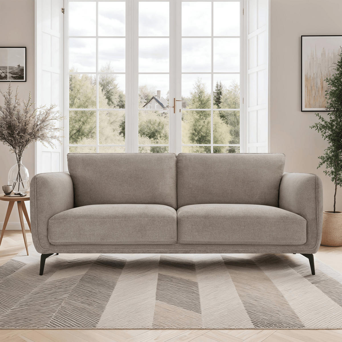 DREISITZER-SOFA Webstoff Beige - Beige/Schwarz, Textil/Metall (197/85/85cm) - Furnhouse