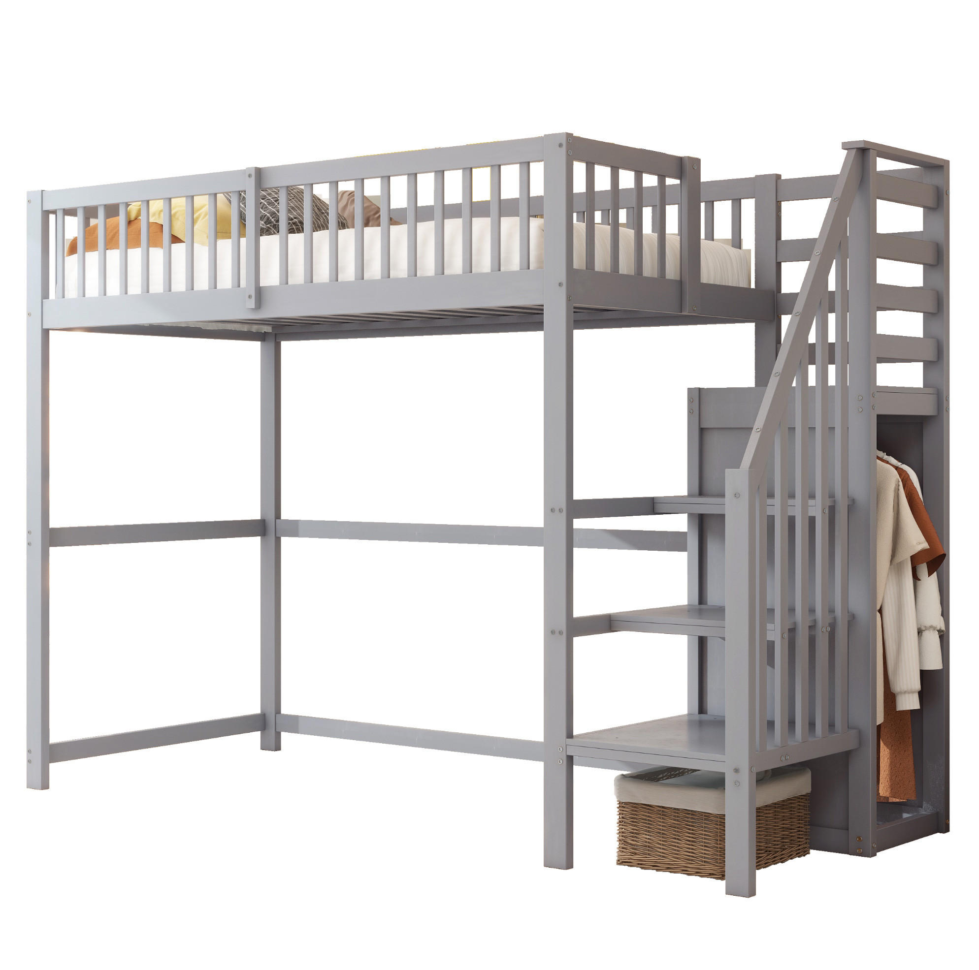 ETAGENBETT 90/200 cm in Grau mit Treppe, Kleiderschrank und Stauraum - Grau, Holz (90/200cm) - Flora Grace