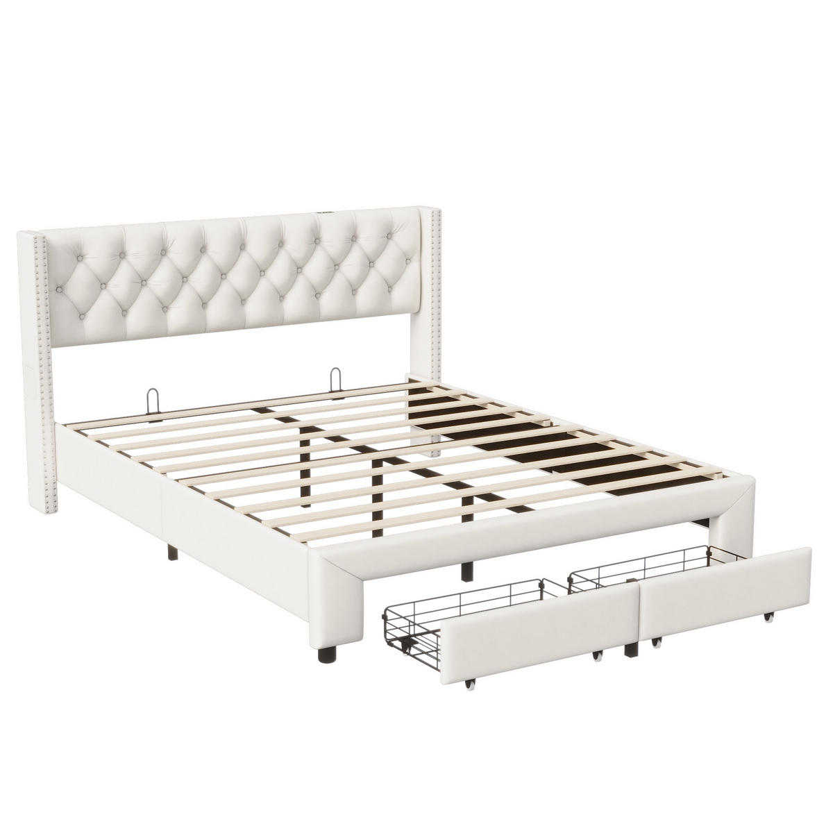 STAURAUMBETT 180/200 cm, mit 2 Schubladen, LED-Beleuchtung, USB, Beige - Beige, Holzwerkstoff (180/200cm) - Brevoria