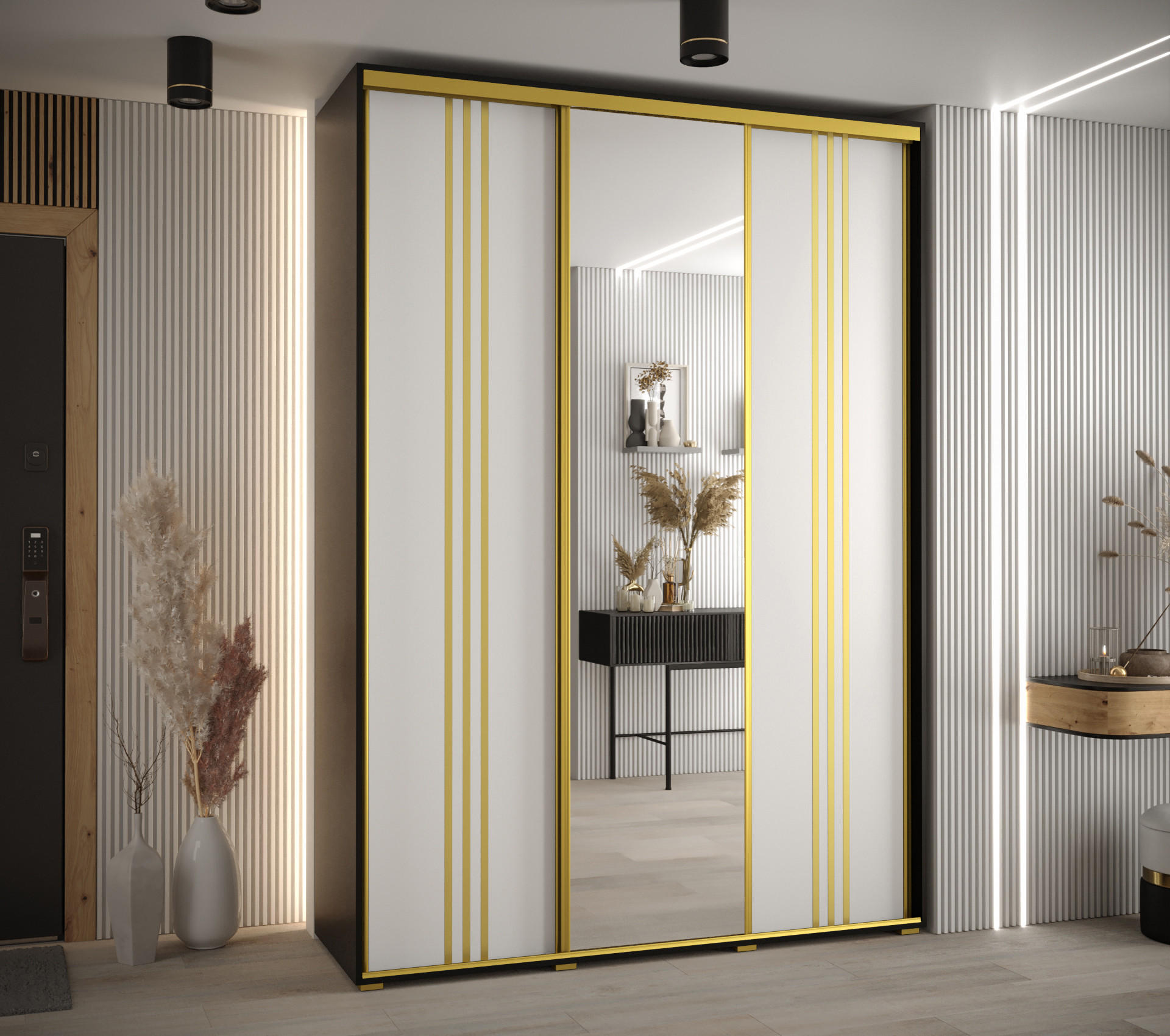 SCHWEBETÜRENSCHRANK 235,2/170/60 3-türig - Goldfarben/Schwarz, Holz/Metall (170/235/60cm) - Abiks Möbel