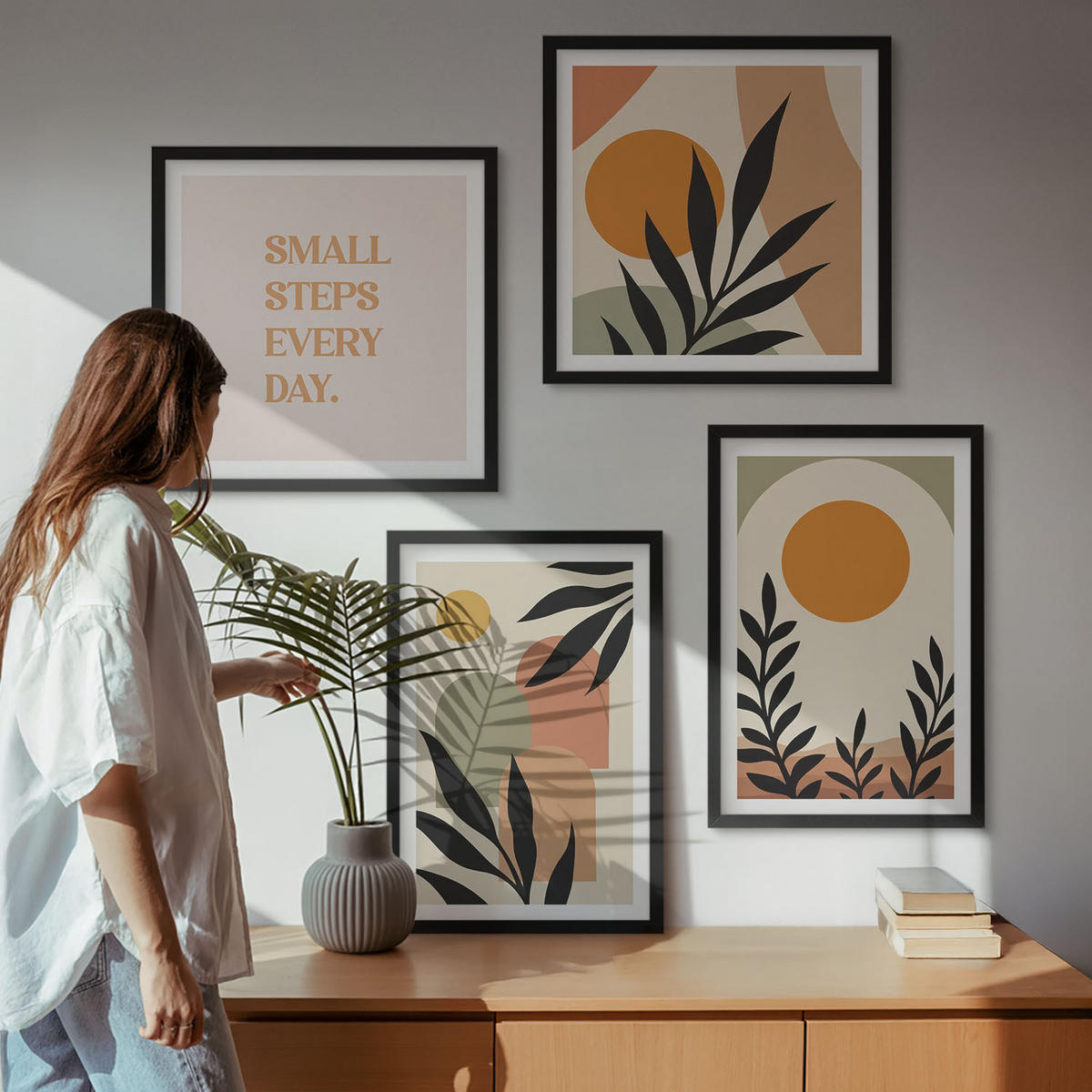 WANDBILDER 4er-Set - 50x50 cm & 40x60 cm Schwarzer Rahmen - Abstrakte Pflanzenmotive - Schwarz, Kunststoff (50/50cm) - ArtPrintCave