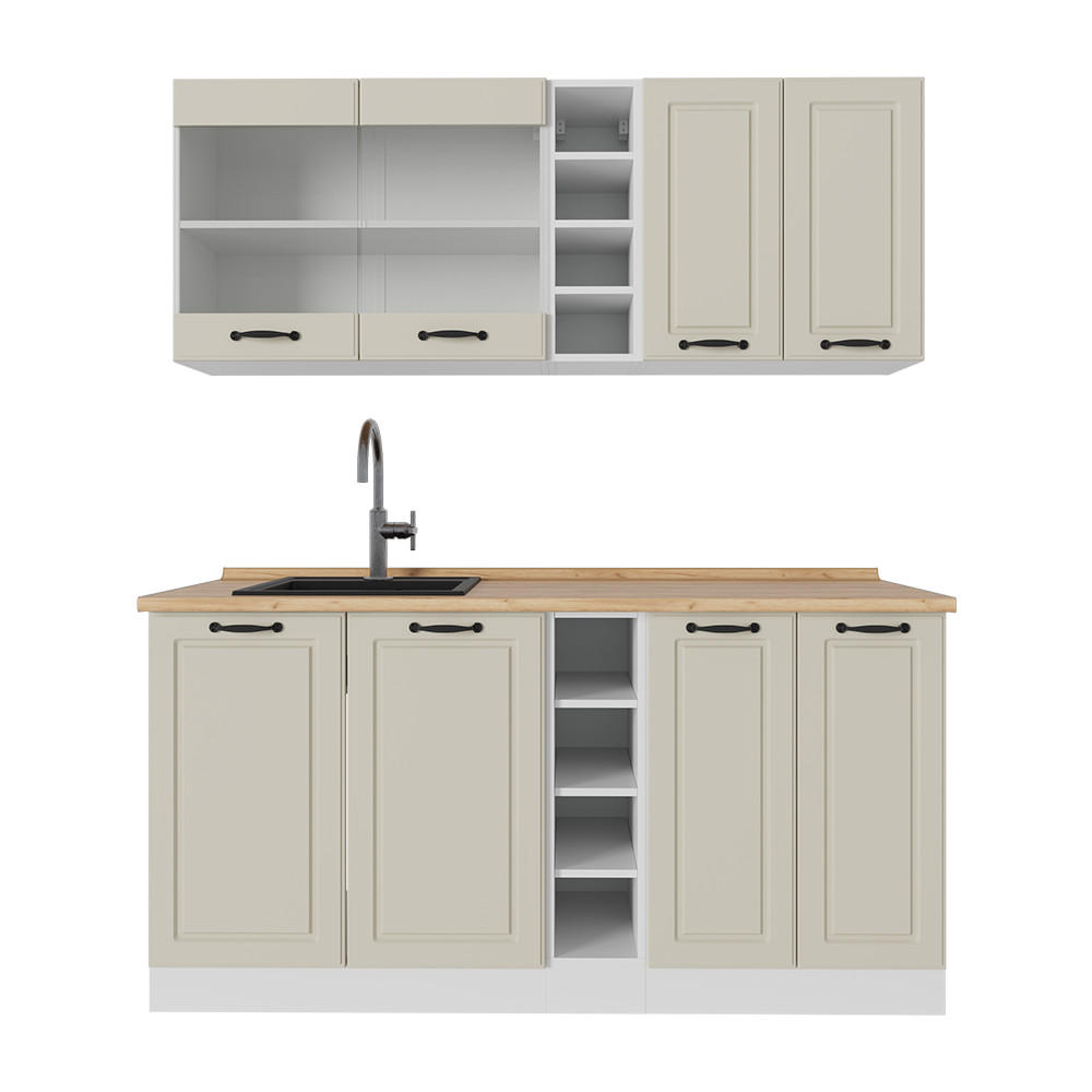 SINGLEKÜCHE R-Line, Sand Landhaus/Weiß, 160 cm Arbeitsplatte Goldkraft Eiche - Beige/Weiß, Holzwerkstoff (160/81.6/60cm) - Vicco