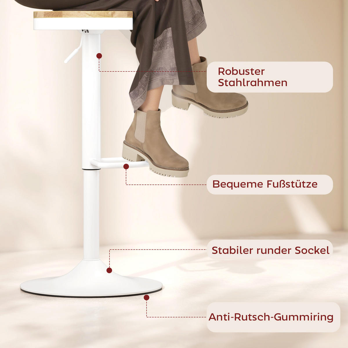 BARHOCKER 2er-Set DE-08040 höhenverstellbar, 360° drehbar Weiß - Naturfarben/Weiß, Holzwerkstoff (38.5/80/38.5cm) - ComfortXL