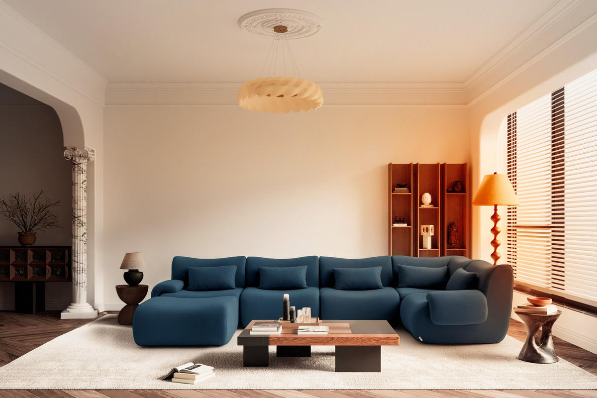 WOHNLANDSCHAFT Bouclé-Stoff Tiefblau - Blau, Textil (356/73/190cm) - MILYsofa