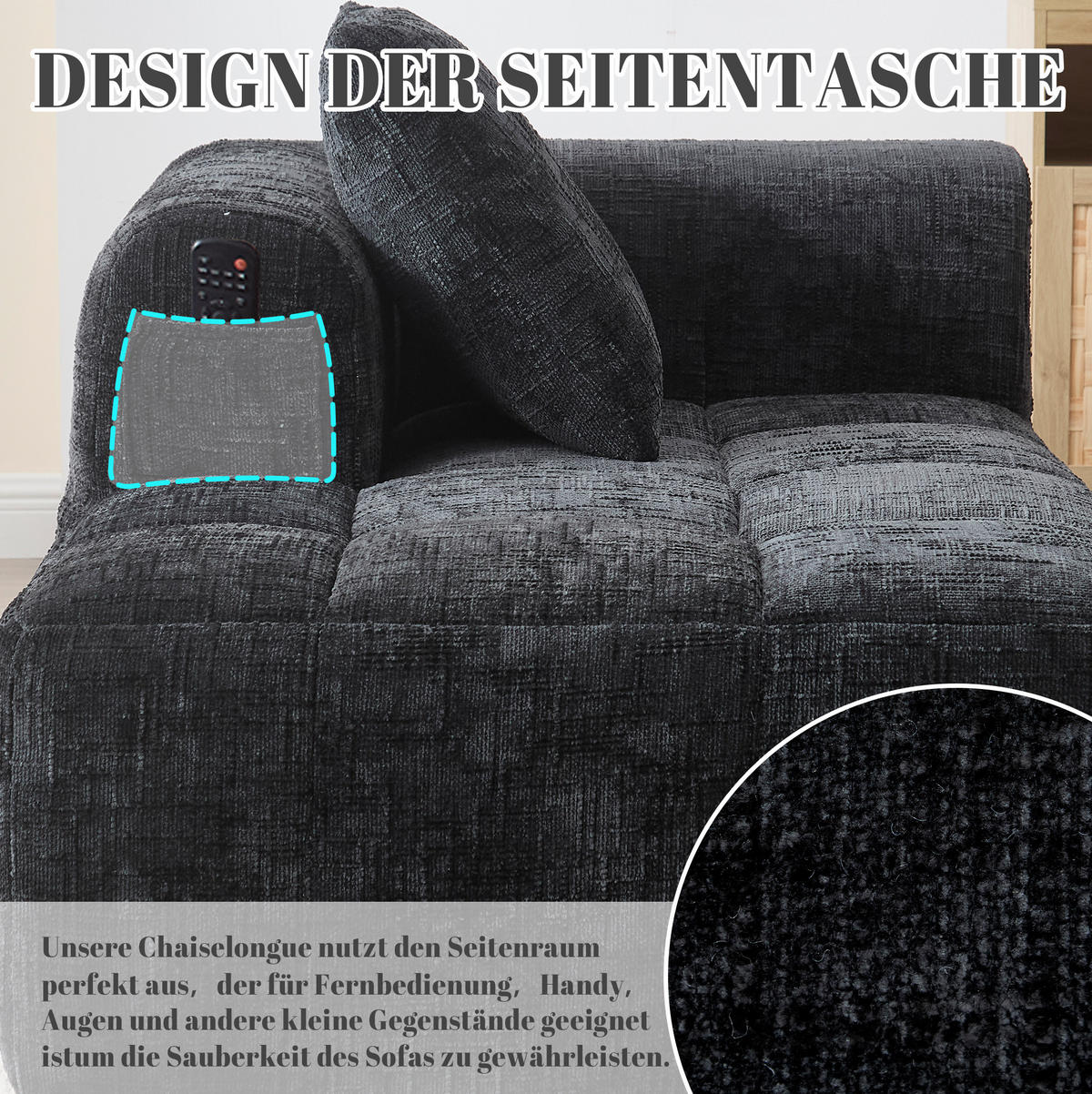 CHAISELONGUE Sofa Chenille mit Seitentaschen und Kissen 158/90/60 cm Schwarz - Schwarz, Textil (60/158/90cm) - Redom