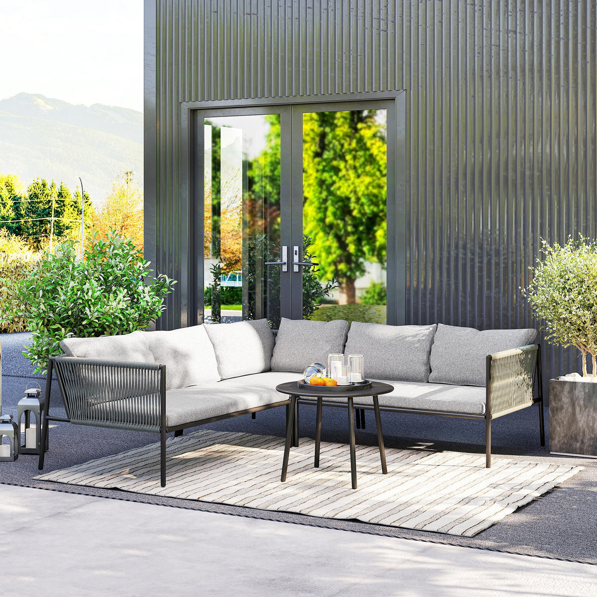 GARTENMÖBEL LOUNGE-SET DE-06738 mit Ecksofa & Tisch, für 6 Personen Dunkelgrau - Dunkelgrau, Kunststoff/Metall - ComfortXL