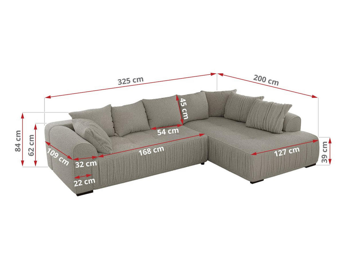 ECKSOFA ORTA Hellgrau Boucle - Rechts - Hellgrau/Schwarz, Textil (200/325cm) - MKS