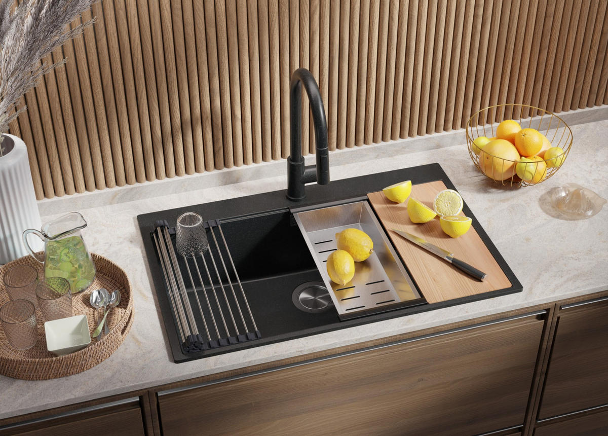 SPÜLBECKEN Oslo, 2-er set Anthrazit 78/50 cm 1 Becken + Ablauf-Set + Schneidebrett ab 80er Unterschrank - Chromfarben/Anthrazit, Kunststoff (78/20/50cm) - Primagran