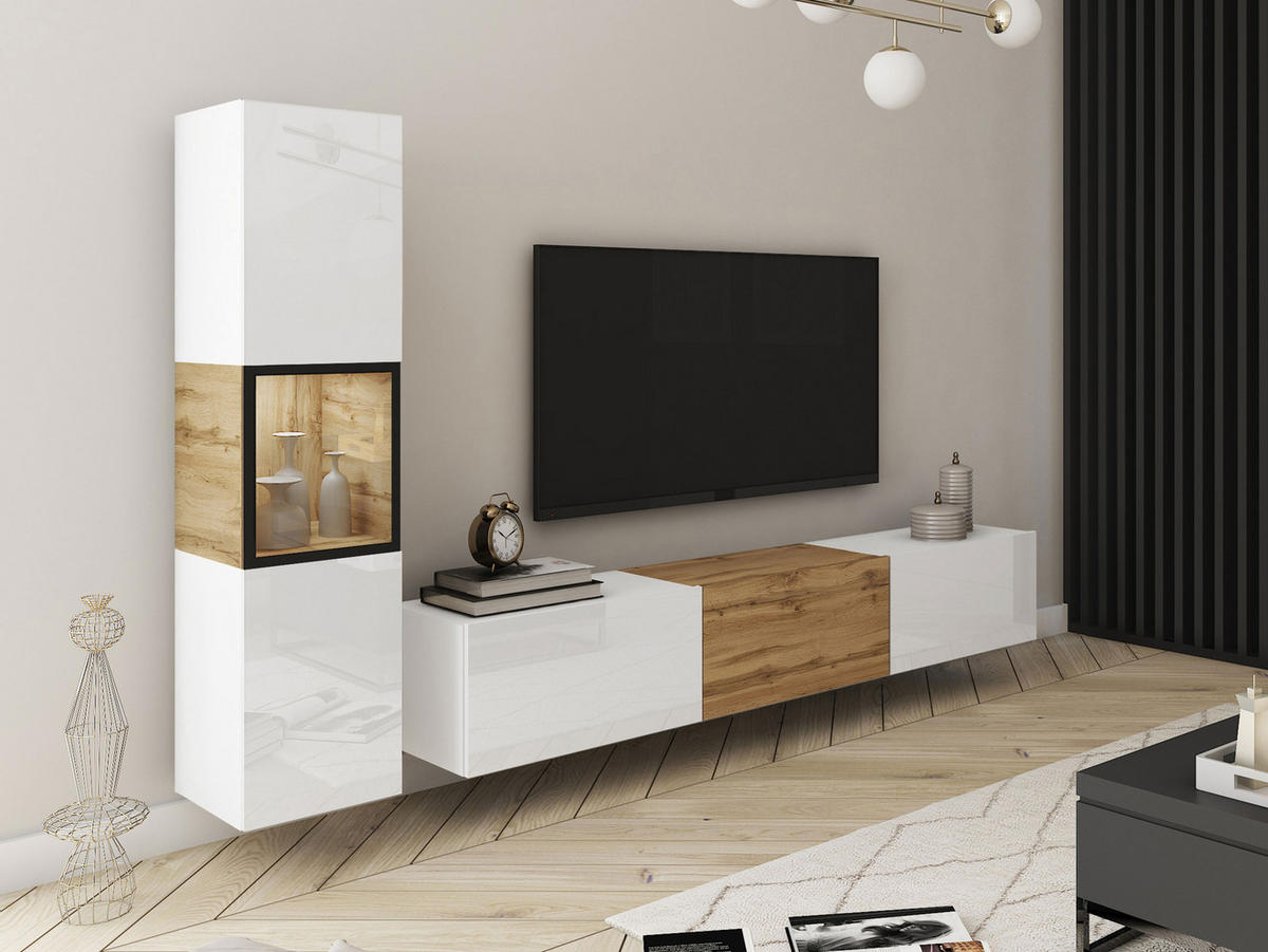 WOHNWAND Berlin I mit weißer LED Beleuchtung - Weiß Hochglanz/Eiche Wotan, Holzwerkstoff/Kunststoff (180/30/33cm) - MIRJAN24