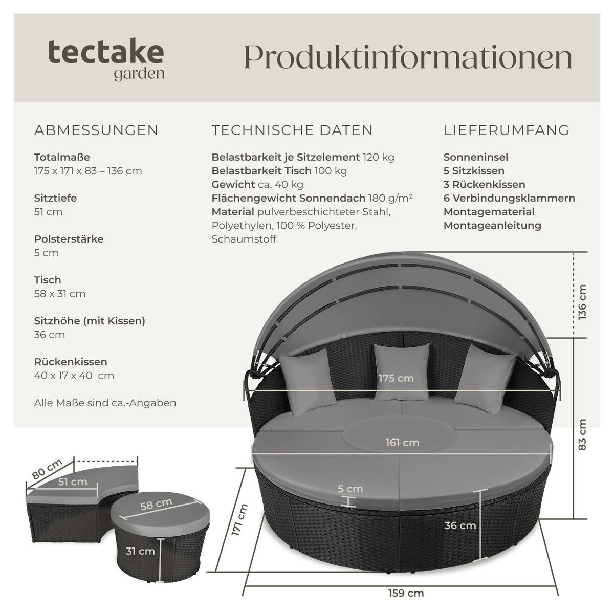RATTAN SONNENINSEL Santorin,variabel aufstellbar,schwarz - Schwarz, Kunststoff (171/136/175cm) - tectake