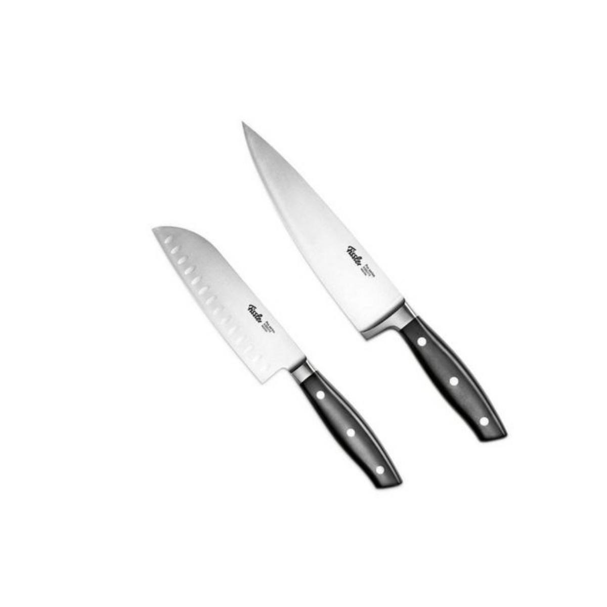 KÜCHENMESSER SET 2-tlg Schwarz, Santokumesser 165 mm, Kochmesser 190 mm, Edelstahl, Schneidemesser, Küchenzubehör, Profi Messer, Klingenstahl - Silberfarben/Schwarz, Metall - Fissler
