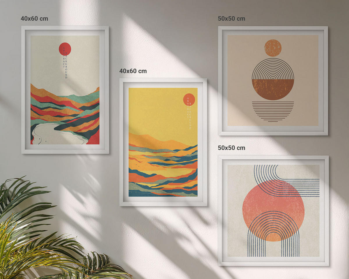 WANDBILDER 4er-Set - 50x50 cm & 40x60 cm Weißer Rahmen - Farbenfrohe Muster der Japandi-Flussberge - Weiß, Kunststoff (50/50cm) - ArtPrintCave