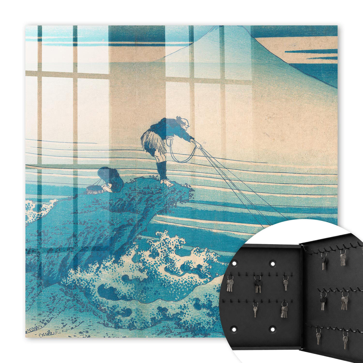 SCHLÜSSELBOX Schwarz 30x30 cm- Türöffnung nach rechts - Der Fischer und die Wellen - Blau, Metall (30/30/5cm) - TULUP