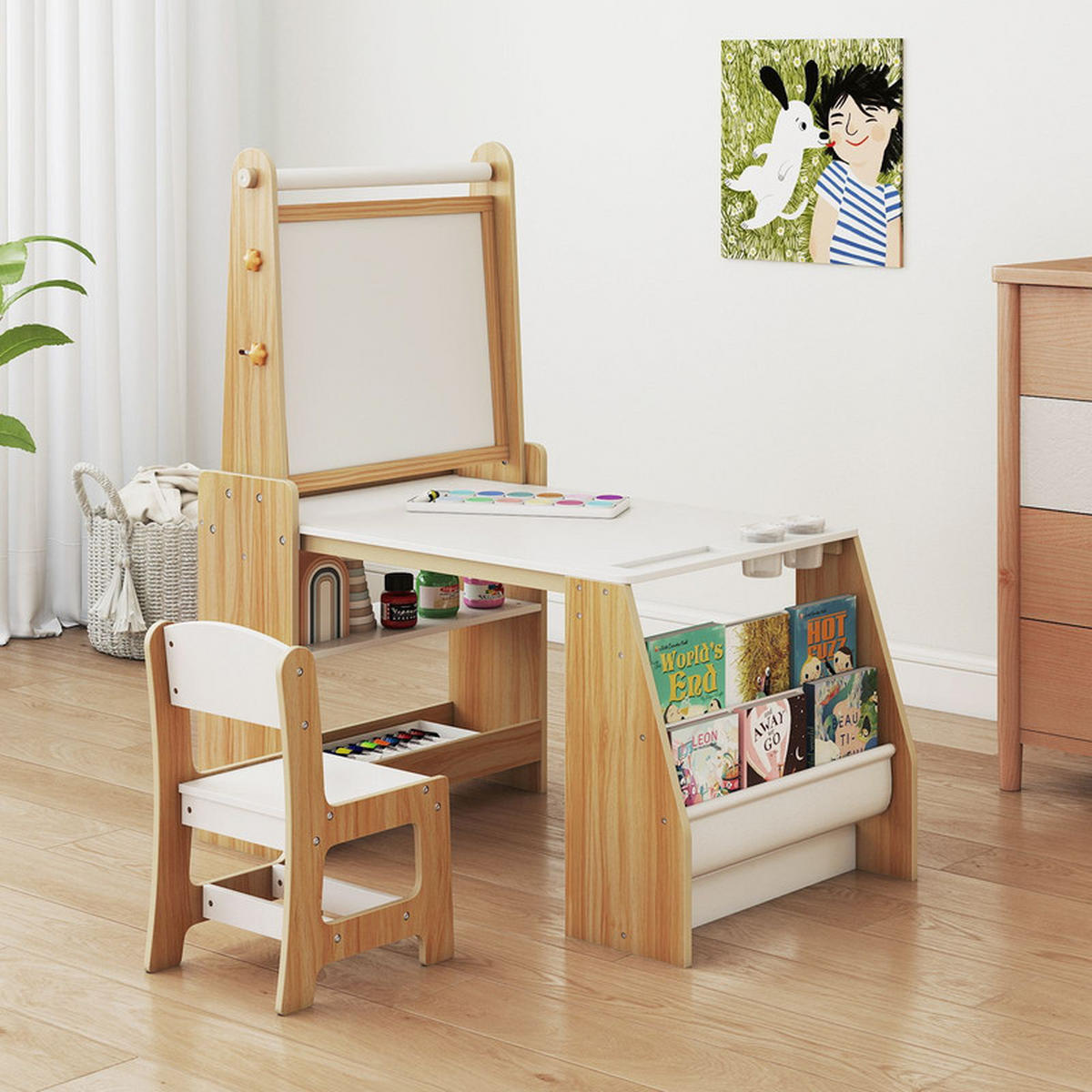 KINDERTISCHSET aus Holz natur(2-tlg) - Naturfarben, Holzwerkstoff (101/112/59cm) - COSTWAY