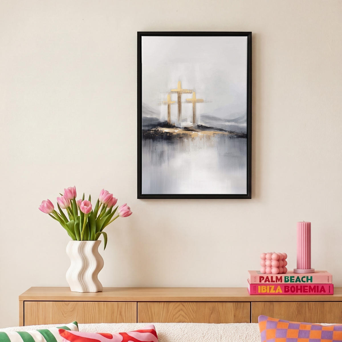 LEINWAND Bilder mit Rahmen - Abstrakt - Malerei - Christentum - Kreuz - 20x30 - Weiß, Textil (20/30cm) - MuchoWow