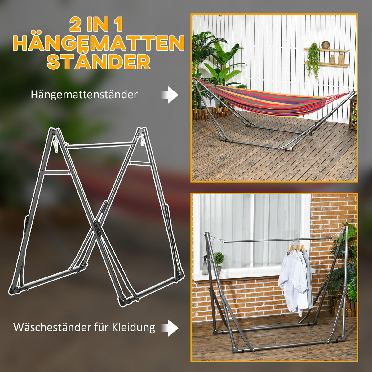 HÄNGEMATTENSTÄNDER DE-07019 2-in-1, auch als Wäscheständer nutzbar Schwarz - Silberfarben/Schwarz, Metall (92/290/88cm) - ComfortXL