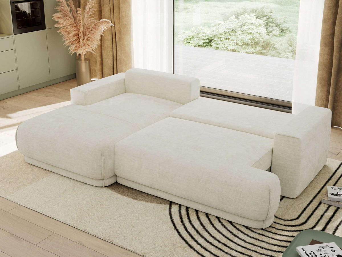 ECKSCHLAFSOFA RINA L Creme Schenille glatt - links - Creme/Schwarz, Kunststoff/Textil (267/170cm) - MKS