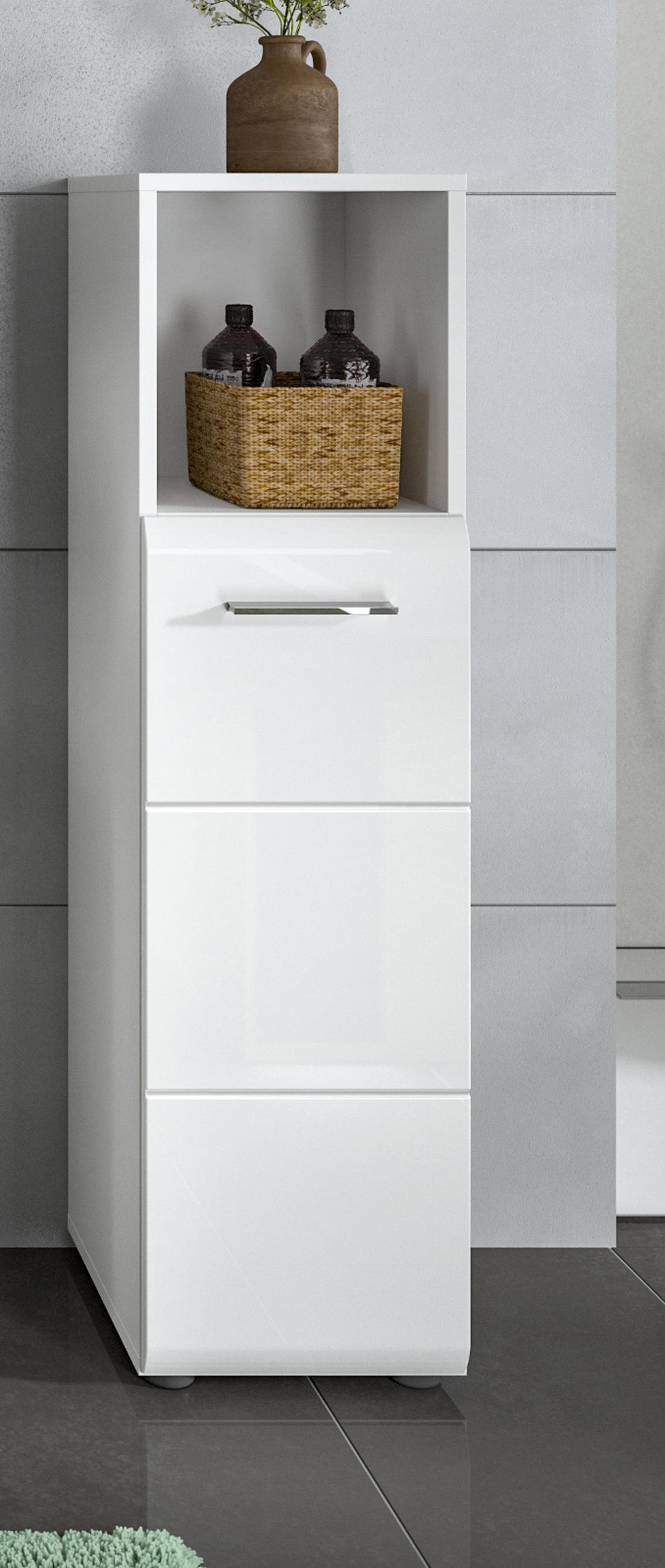 BADKOMMODE weiß Hochglanz, Badezimmer Kommode 30 cm - Weiß Hochglanz/Silberfarben, Holzwerkstoff/Kunststoff (30/110/30cm) - Inn.Furn