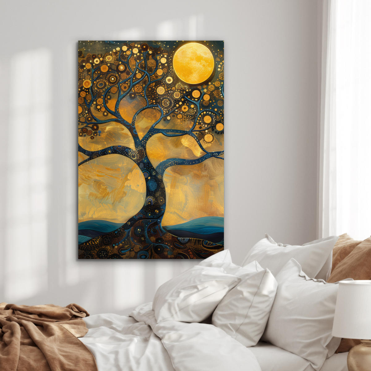 METALLBILD Baum - Mond - Blumen - Gold - Kunst 60x90 cm - Orange, Metall (60/90cm) - MuchoWow