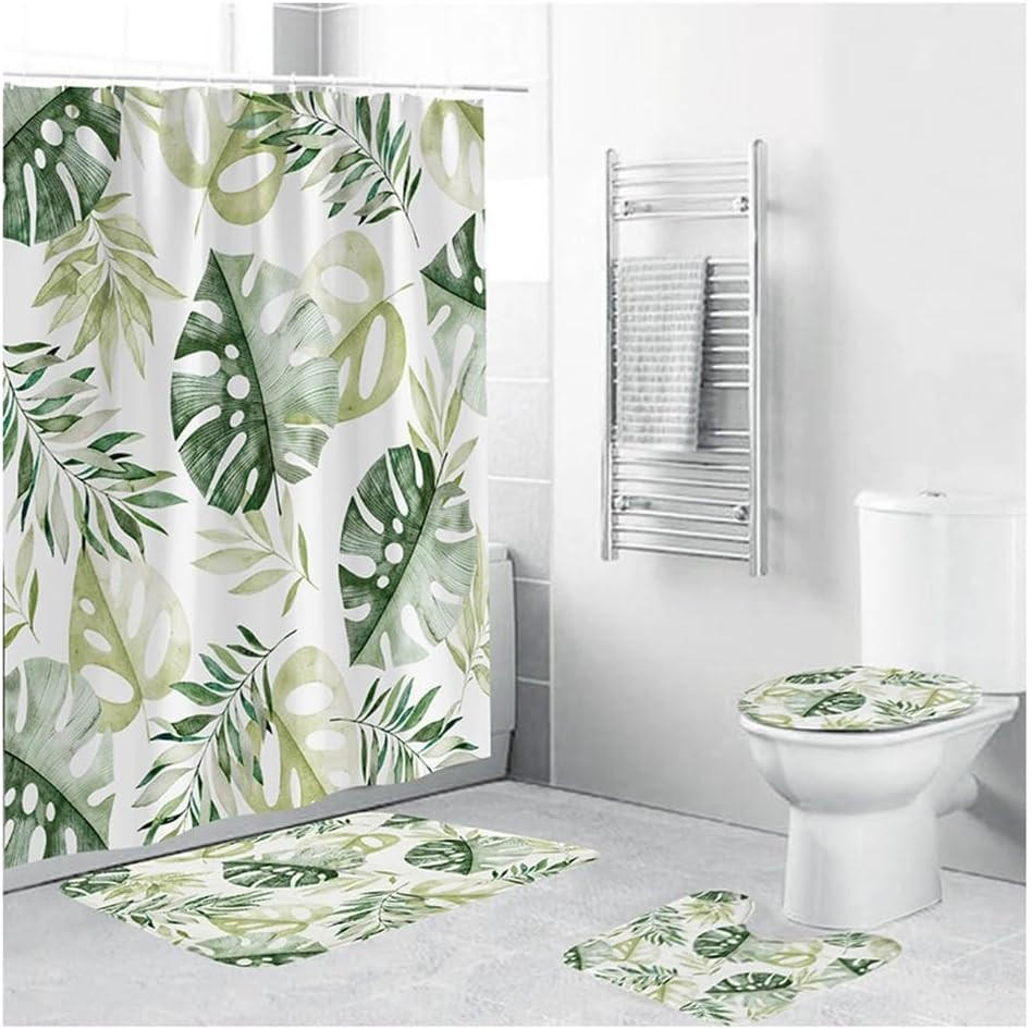 DUSCHVORHANG SET Pflanzen Blätter Palme auf Weiß dekorativ - Grün, Textil (180/180cm) - MCBOSON