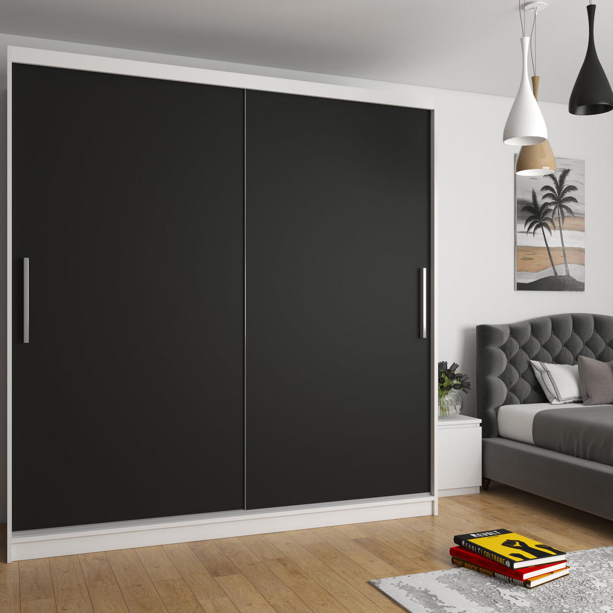 SCHWEBETÜRENSCHRANK Verona SI, Weiß/Schwarz Matt, 200 cm - Schwarz, Holz (200/216/60cm) - B BELINI GROUP
