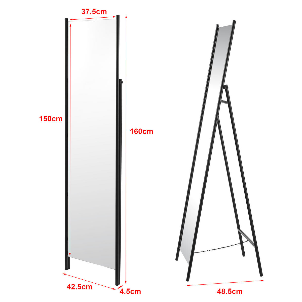STANDSPIEGEL Martano - Schwarz, Glas/Metall (37.5/160/150cm) - [en.casa]