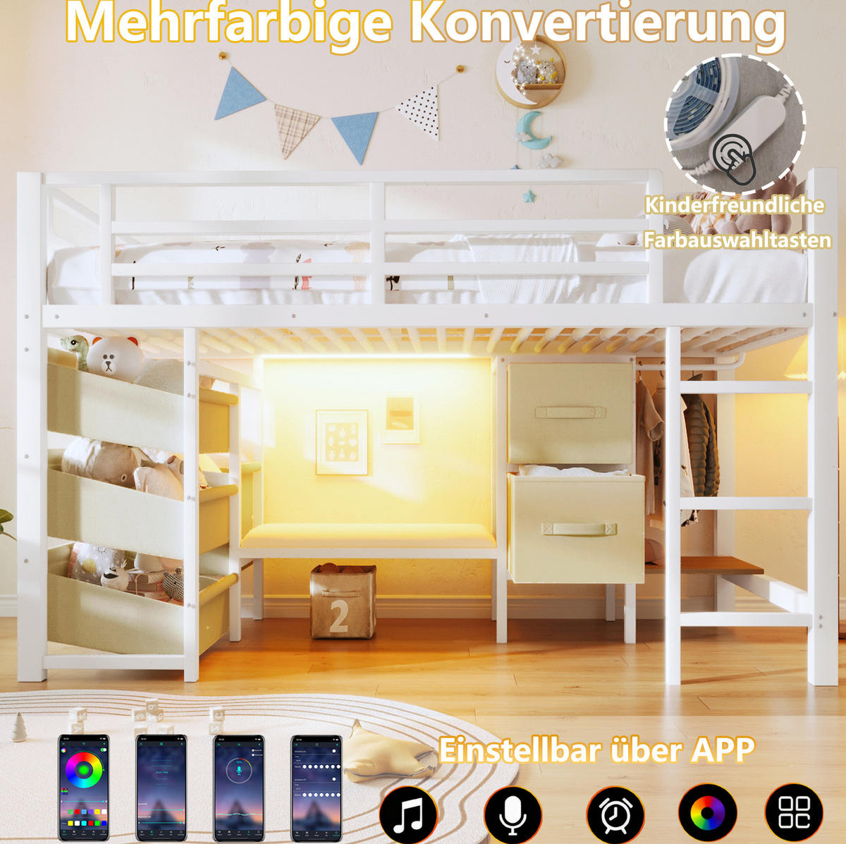 HALBHOHES Bett 90/200 cm mit LED-Beleuchtung, Sitzkissen, Stoffschublade und Hängebereich, Metall, Weiß - Weiß, Metall (90/200cm) - Redom