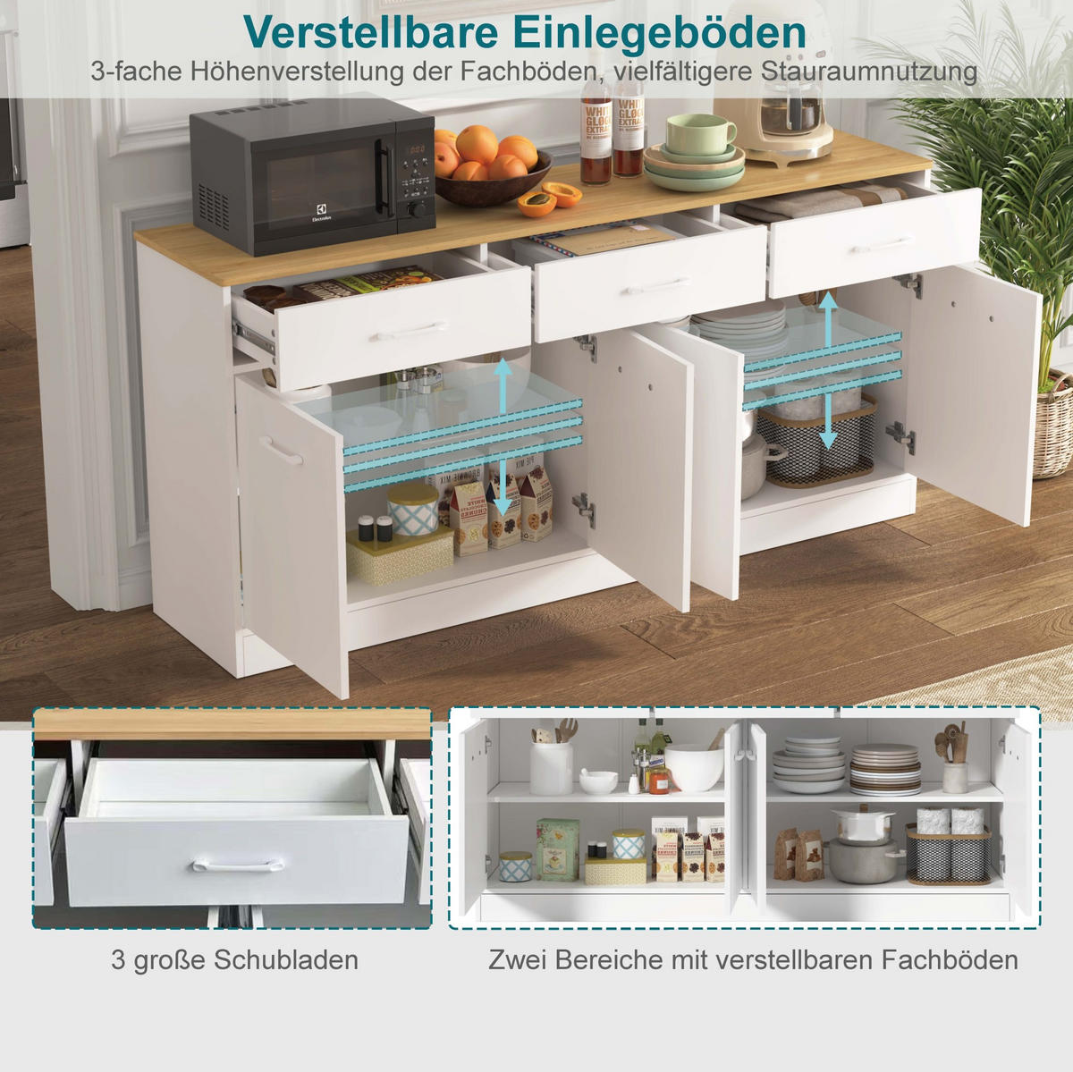 SIDEBOARD 160/37/76,5 cm Weiß aus MDF mit 3 Schubladen und 2 Schrankbereiche - Weiß, Holzwerkstoff (37/76.5/160cm) - OKWISH