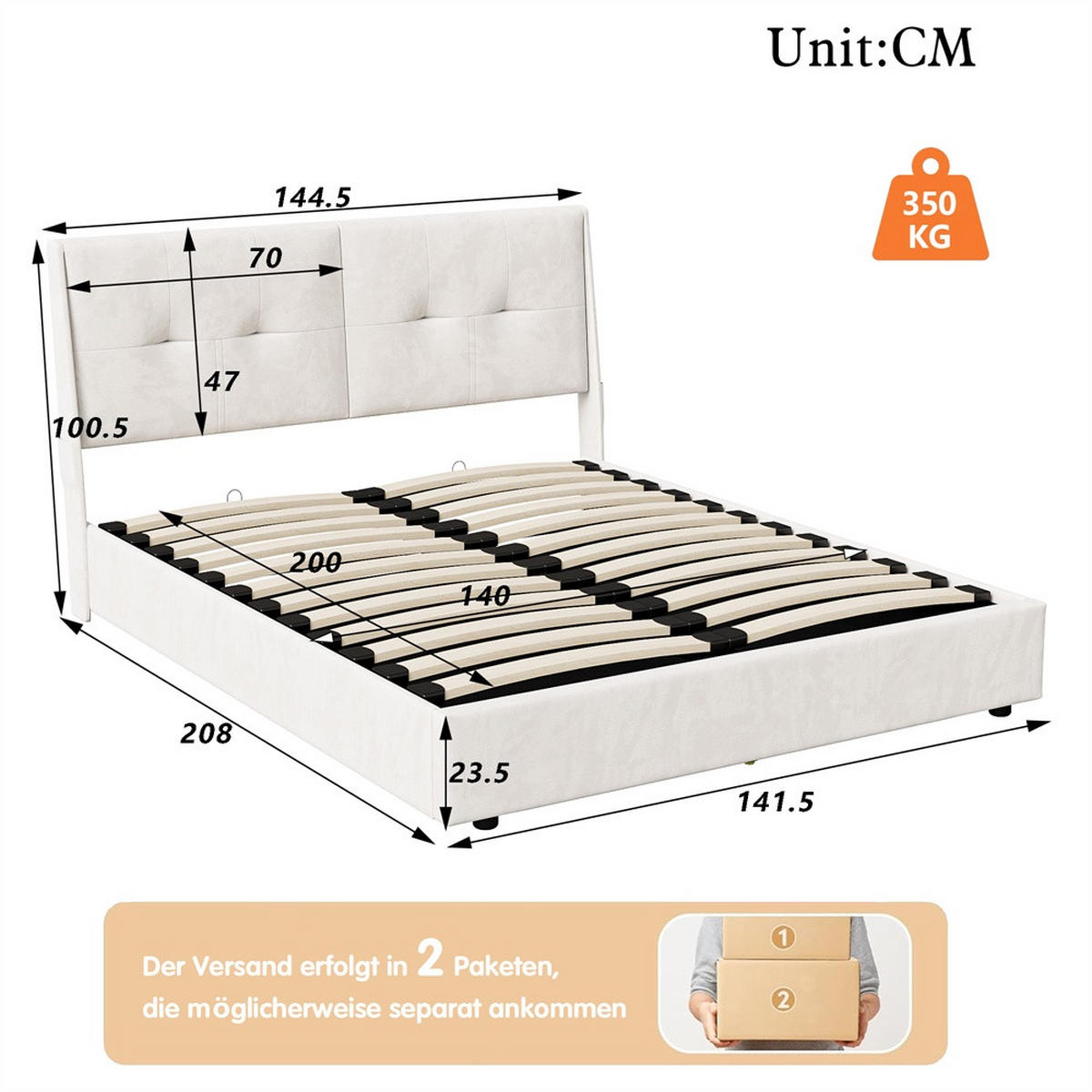 POLSTERBETT 140x200 cm - Hydraulisches Stauraumbett mit LED-Beleuchtung und praktischen Seitentaschen - ohne Matratze - Beige - Beige, Textil (140/200cm) - DELFA