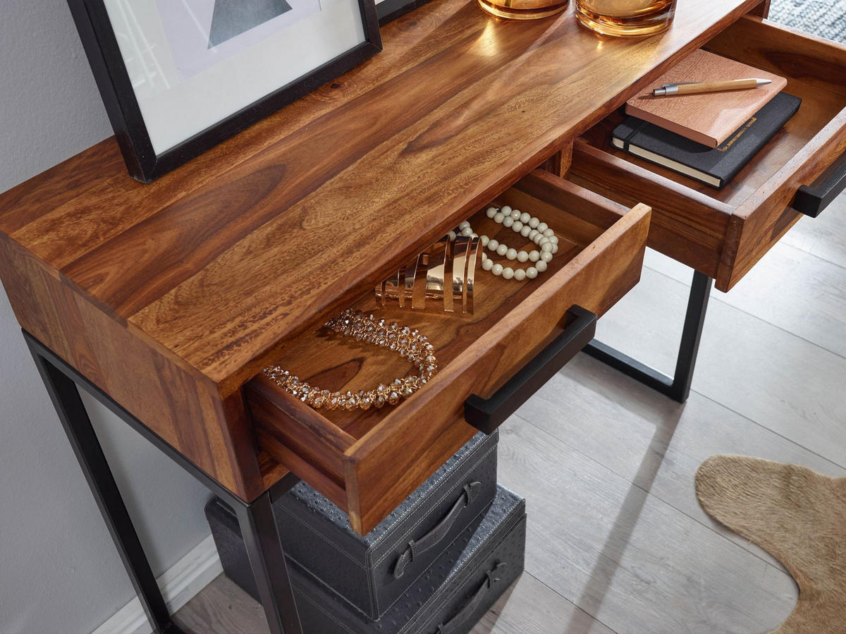 KONSOLENTISCH – Massivholz/Metall, schwarz, mit Schubladen, Industrial-Stil - Schwarz/Braun, Holz/Metall (36/90/77cm) - KADIMA DESIGN