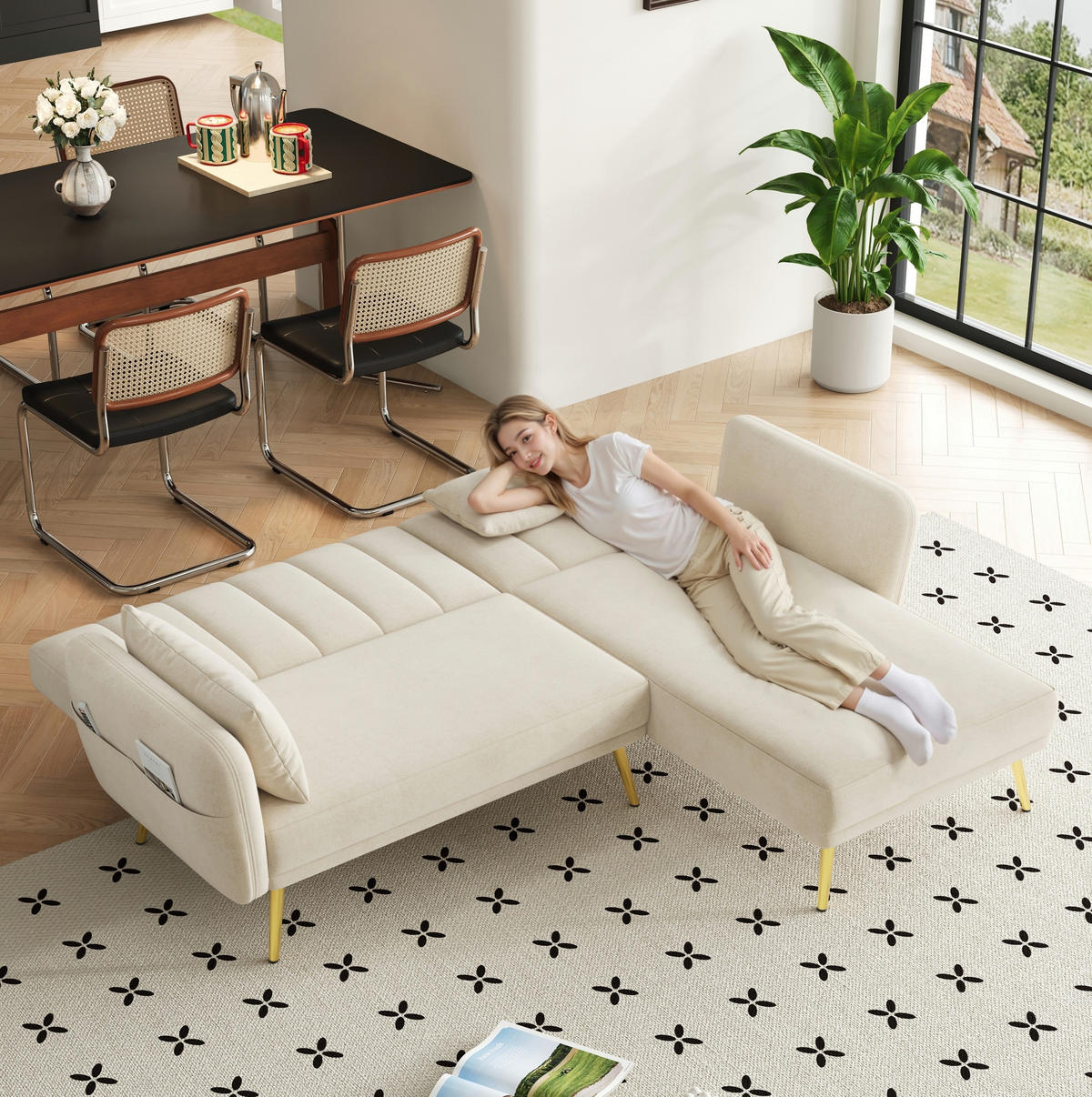 ECKSOFA, Samt mit Schlaffunktion & verstellbarer Rückenlehne, 191,5/130,5/80 cm, Beige - Beige, Textil (130.5/191.5cm) - Redom