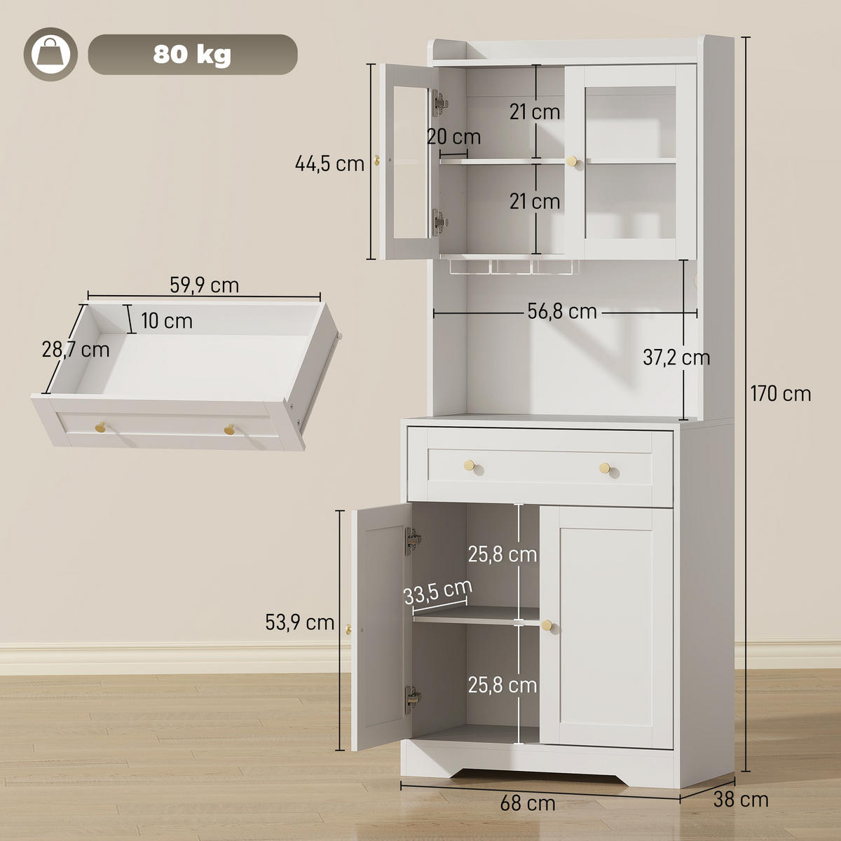 KÜCHENSCHRANK Buffetschrank mit Arbeitsplatte verstellbaren Regalen Türen Weiß - Goldfarben/Weiß, Holzwerkstoff/Metall (38/170/68cm) - HOMCOM