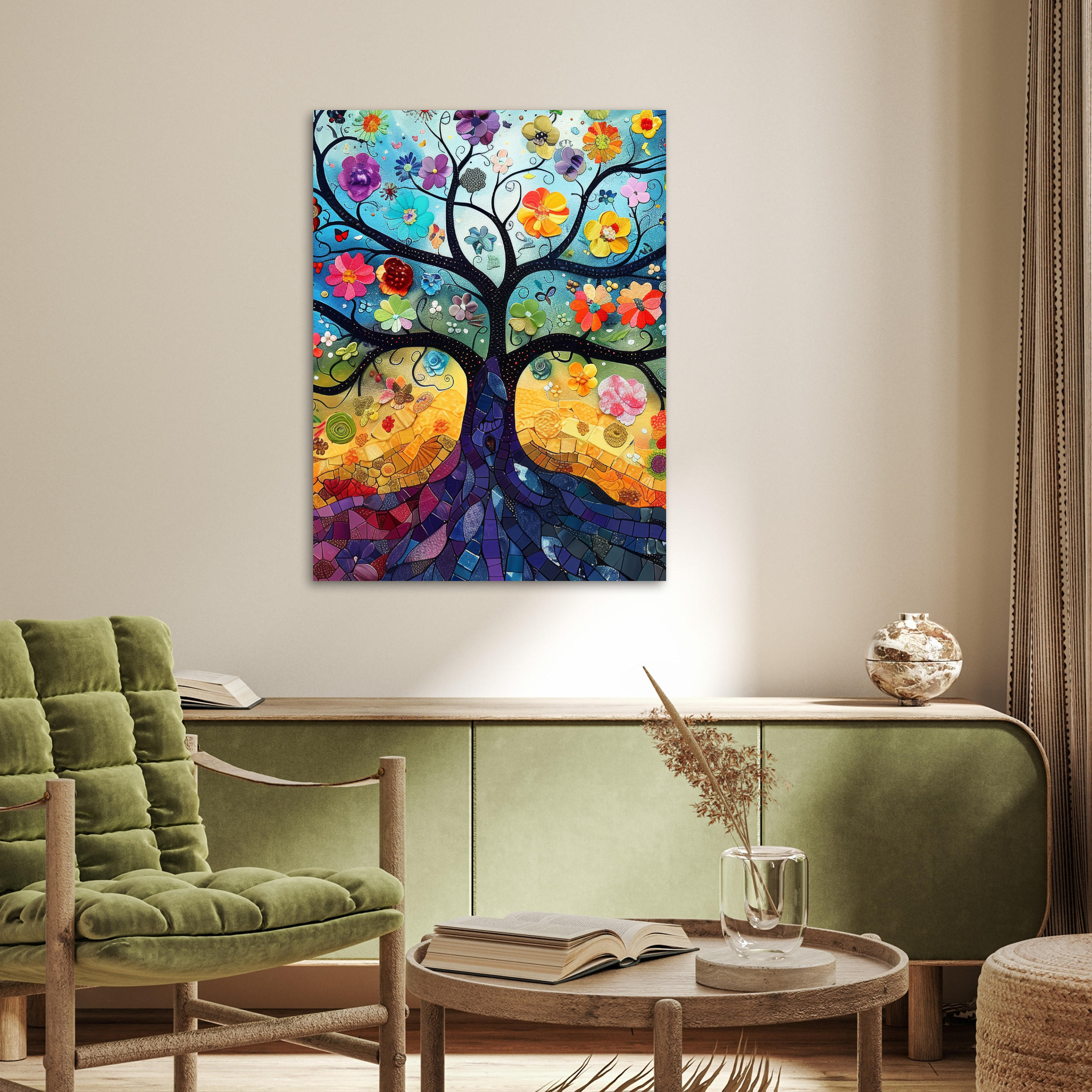 POSTER Kunst - Baum des Lebens - Blumen - Hippie 60x80 cm - Dunkelblau, Papier (60/80/0.1cm) - MuchoWow
