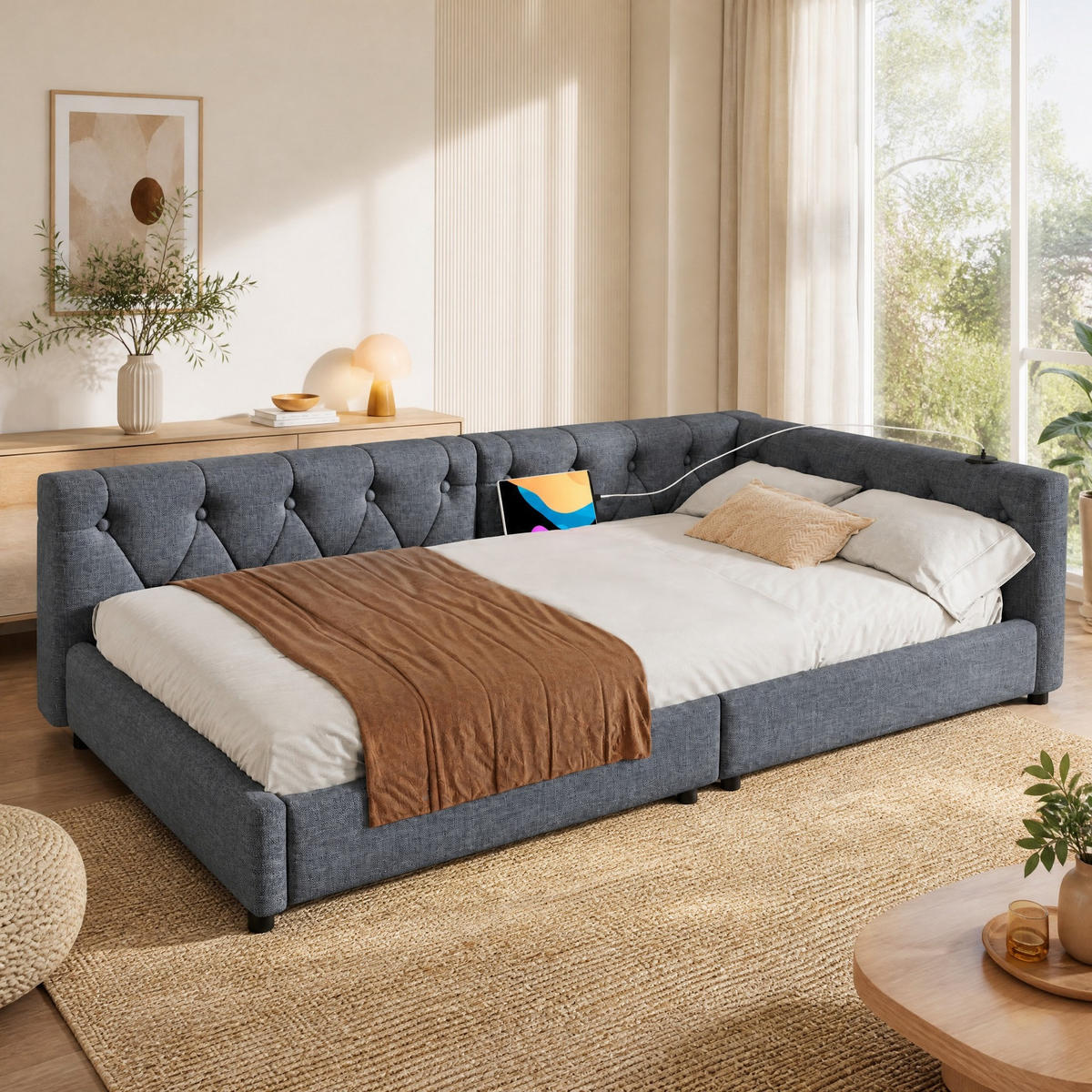 POLSTERBETT 90/200 mit LED, USB, Type-C und Knopftuft-Kopfteil in Grau - Grau, Holzwerkstoff/Textil (90/200cm) - EVRYAE