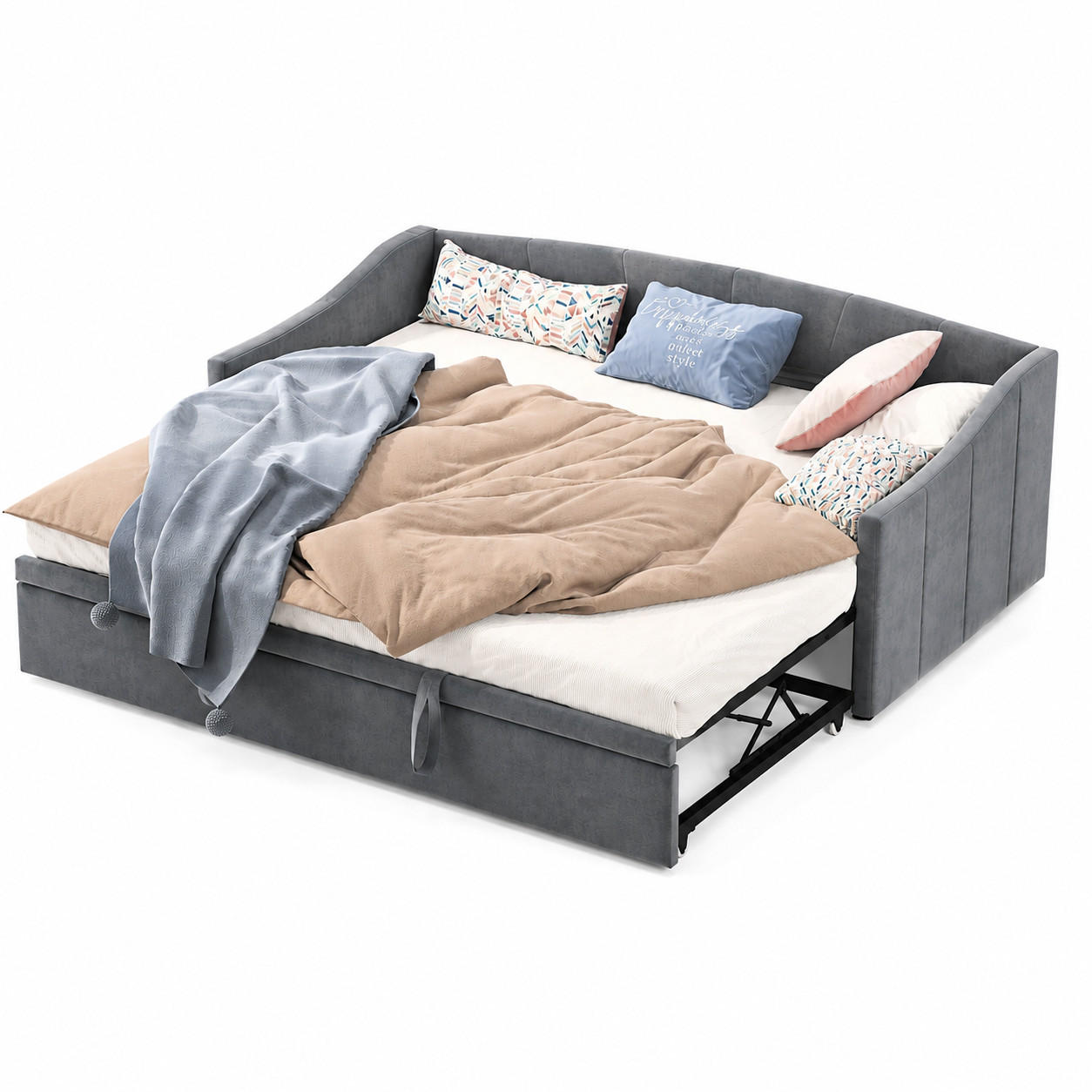 SCHLAFSOFA , veloursbezogen, 3-fach umwandelbar, mit Ausziehfunktion und Stauraum grau - Grau, Metall (190/74.5/210cm) - Joyfair
