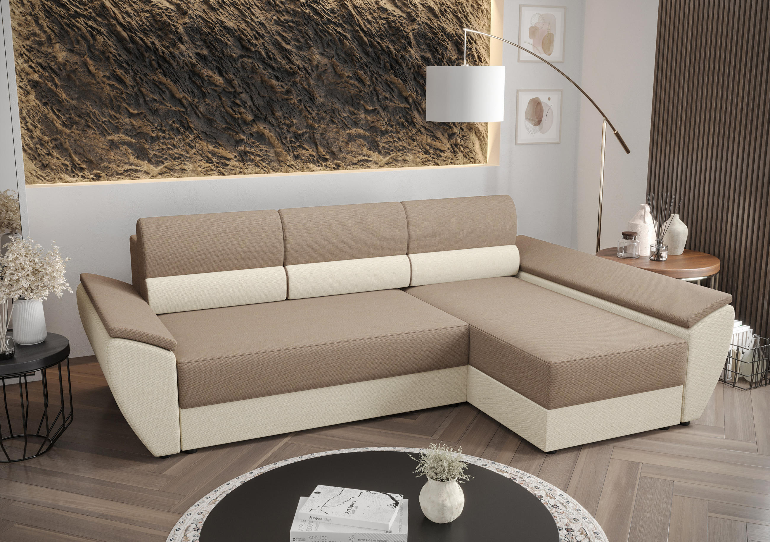 ECKSOFA L REBI L3 Rainbow 05/16 Rechts mit Schlaffunktion, Beige/Creme - Beige/Creme, Textil (251/140cm)