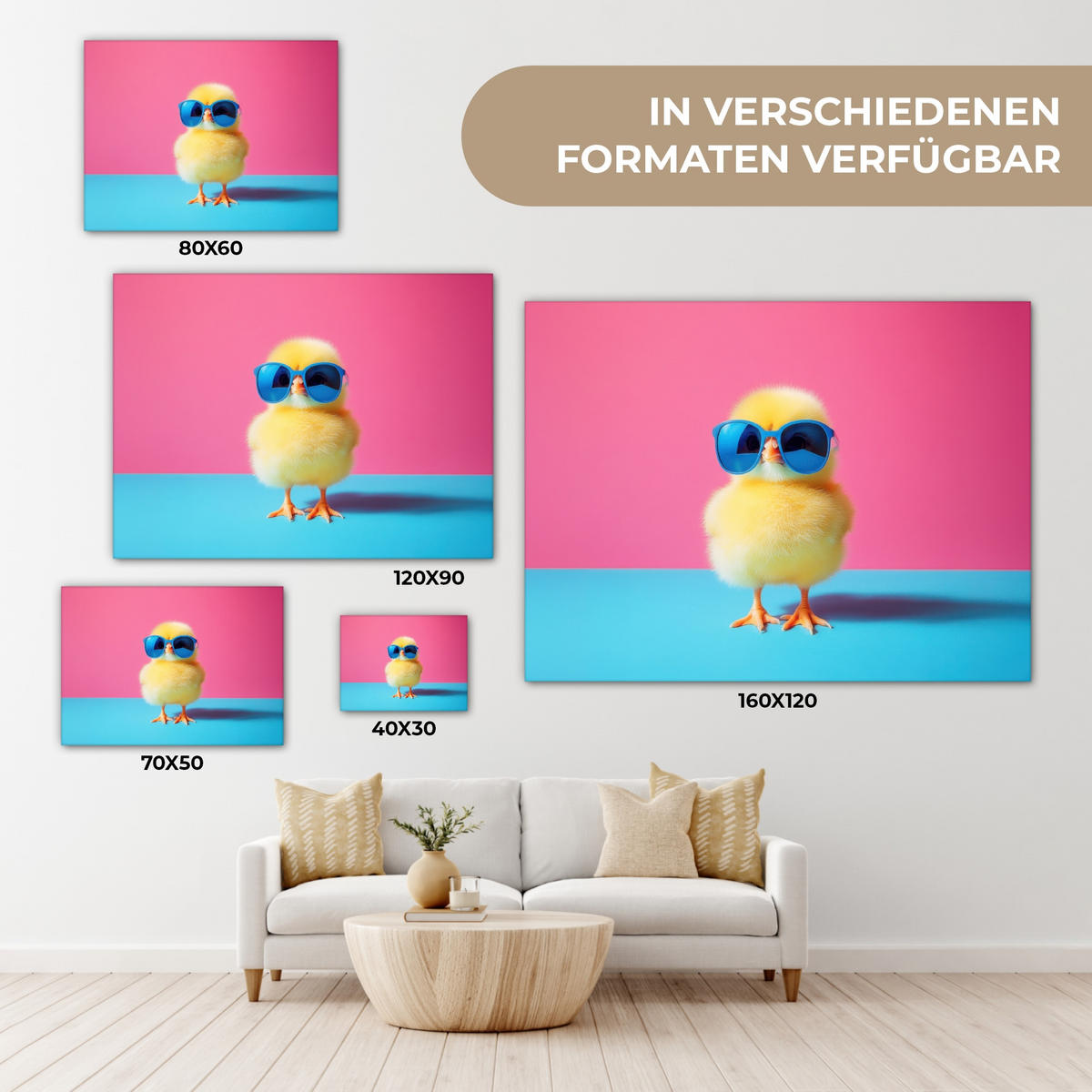 LEINWANDBILD Chick - Sonnenbrille - Blau Wandbild 40x30 cm - Pink/Gelb, Textil (40/30cm) - MuchoWow