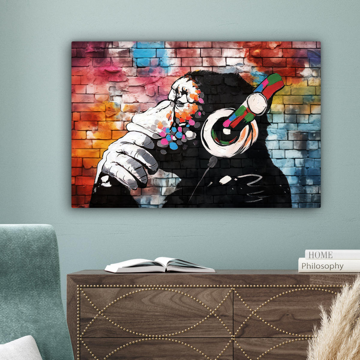 LEINWANDBILD Affe - Graffiti - Musik Gemälde 60x40 cm - Multicolor, Textil (60/40cm) - MuchoWow