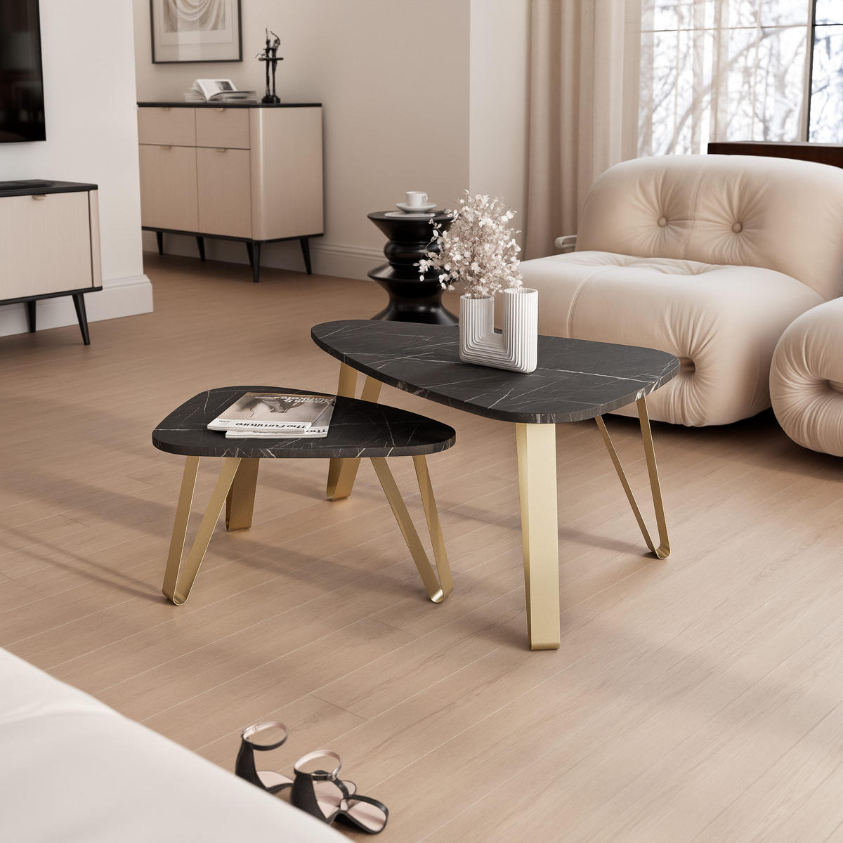 SATZTISCH NOA Stahlgestell, Freiform, Gold / Grigia Pietra - Goldfarben/Grau, Holzwerkstoff (94/60/42cm) - Idohome