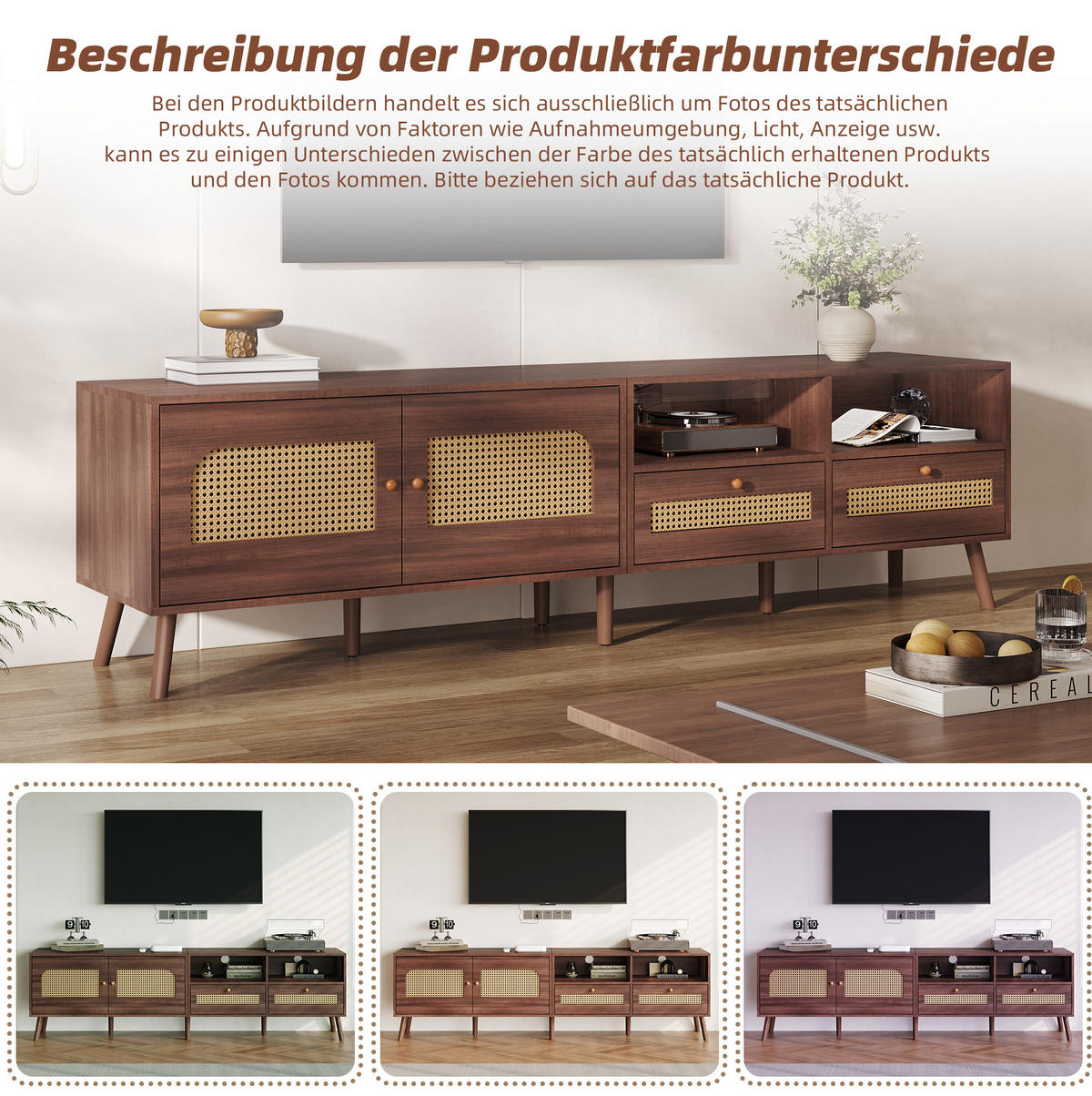 LOWBOARD 200/37/49,5 cm aus Spanplatte mit Rattantüren und 2 Schubladen Braun - Braun, Holzwerkstoff (200/49.5/37cm) - Modenvie