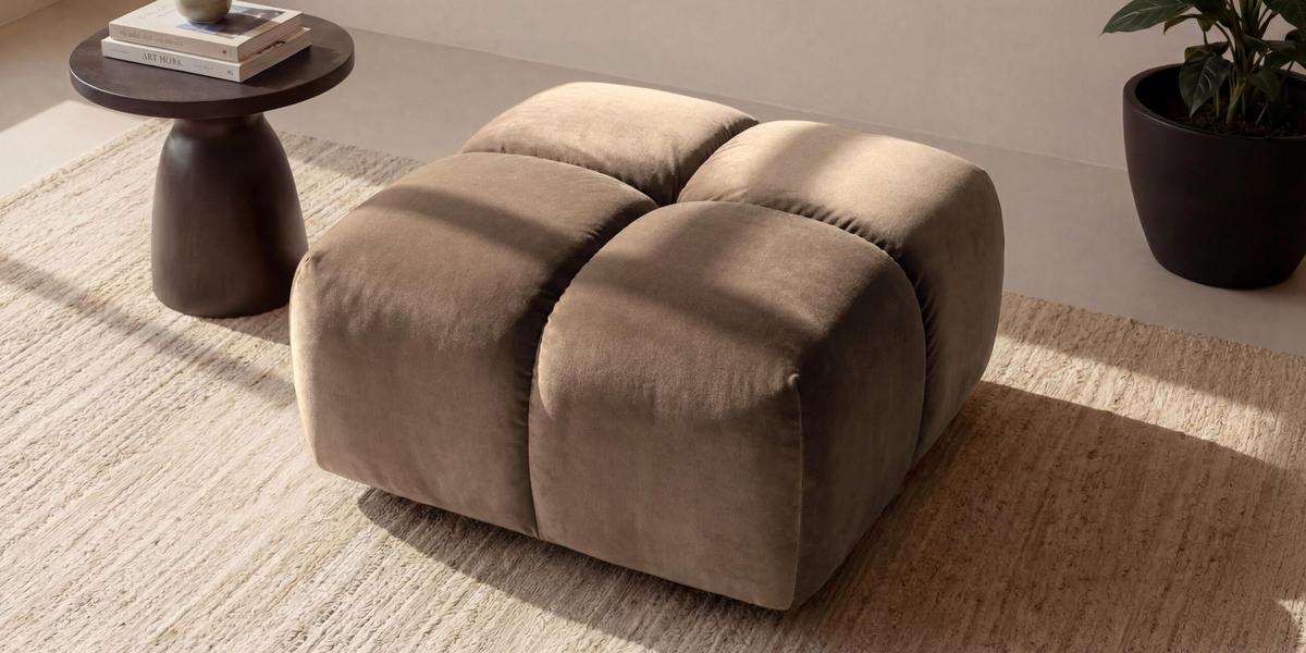 HOCKER, Pouf, Veloursstoff Bluvel, Latte, Averro - Hellbraun, Holz (88/42/88cm) - Kaiser Möbel