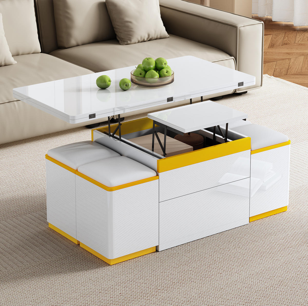 COUCHTISCH höhenverstellbar mit Stauraum 100 x 50 cm Weiß Gelb 5-tlg. - Weiß, Wellpappe (100/50/43cm) - Meubliv