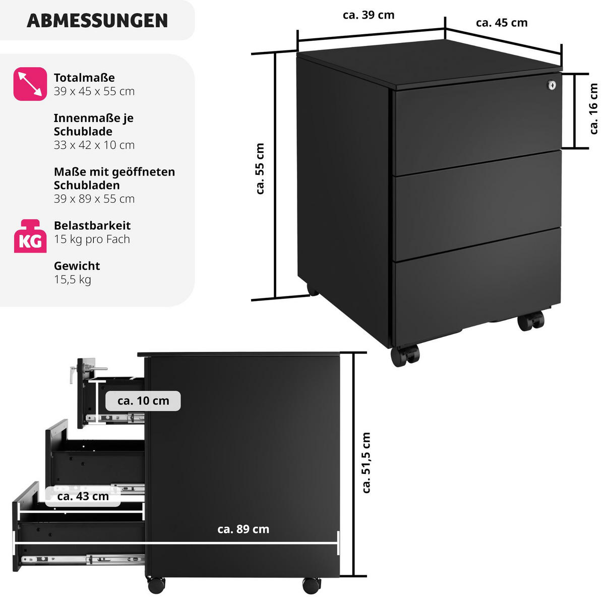 AKTENROLLSCHRANK Magna,39 x 45 x 55 cm,schwarz - Schwarz, Textil (39/55/45cm) - tectake