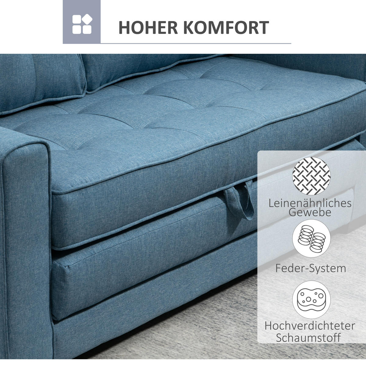 SCHLAFSOFA Klappsofa 2-Sitzer Sofa mit Schlaffunktion Leinen-Touch Holz Blau - Blau/Schwarz, Holz/Textil (75/85/147.5cm) - HOMCOM