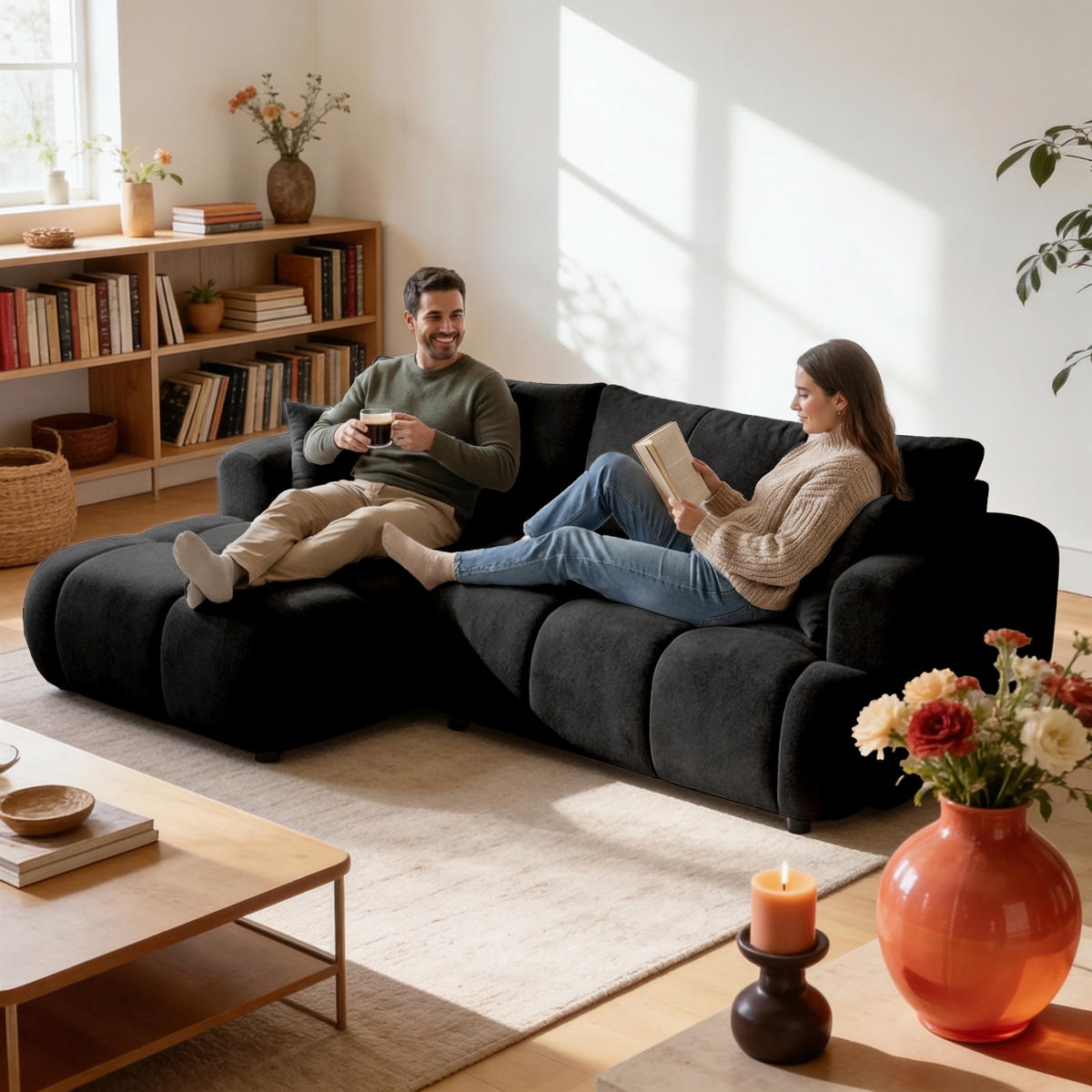 ECKSOFA CALM L Links mit Schlaffunktion 140x215 Webstoff schwarz - Schwarz, Holz/Kunststoff (261/151cm) - Muffo